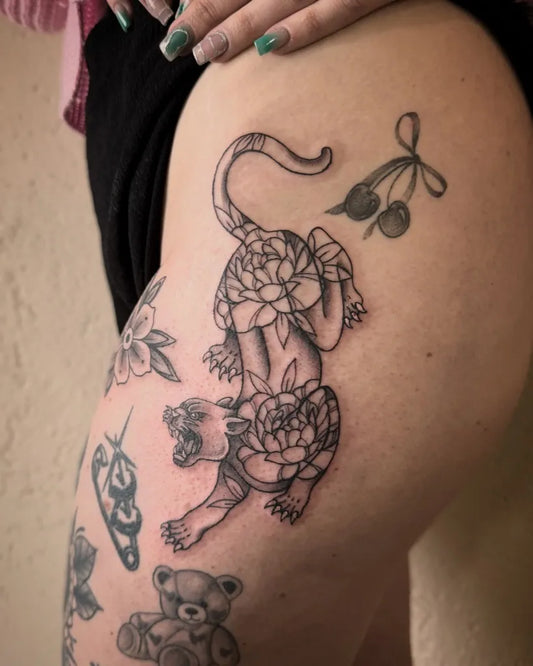 Big Neo Traditional Tiger with Lotus and Teddy Bear on Women Thigh Tattoo by @ritual_x_ink