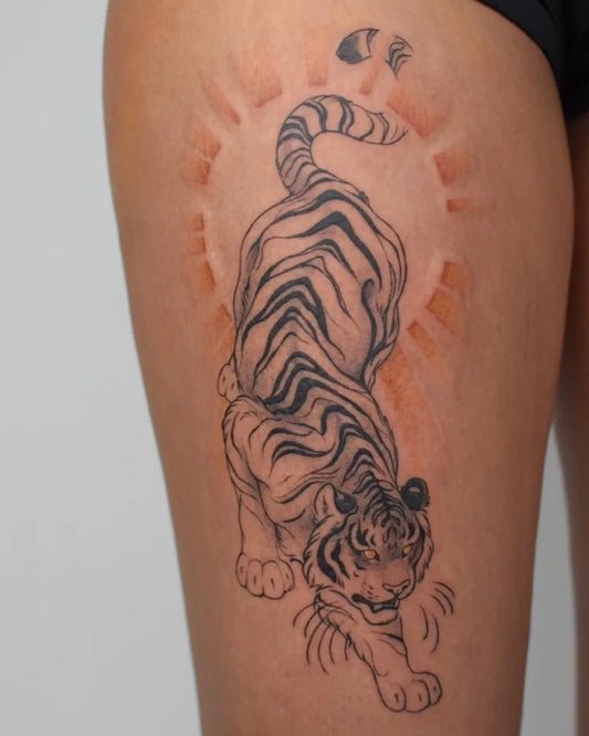Big Neo Traditional Tiger with Sun Rays on Women Thigh Tattoo by @sanctuarink