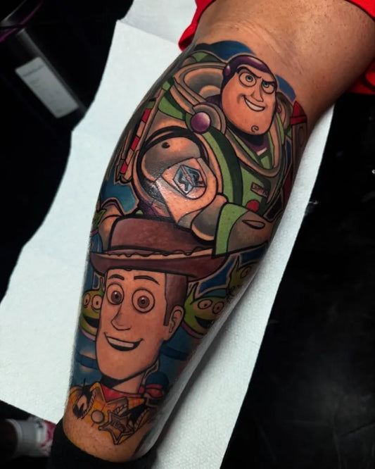 Big Neo Traditional Toy Story Characters Cartoon Tattoo on Men Leg by @krystals_tatted