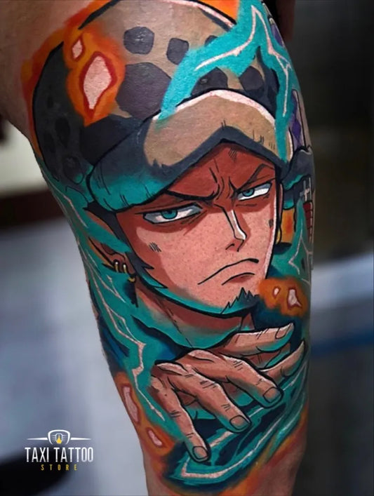 Big Neo Traditional Traffy Cartoon Tattoo on Men Thigh by @taxi_tattoo_store