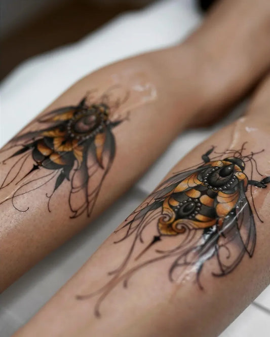 Big Neo Traditional Twin Bumblebee Motifs on Women Legs Tattoo by @lyendriaink