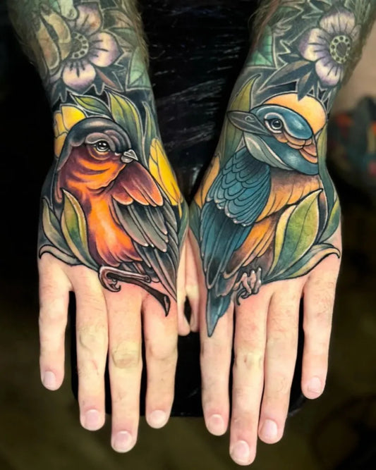 Big Neo Traditional Two Birds with Leaves on Men Hands Tattoo by @ltpbmx