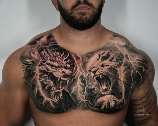 Big Neo Traditional Two Fighting Lions on Men Chest Tattoo by @roudolfdimovtattoos