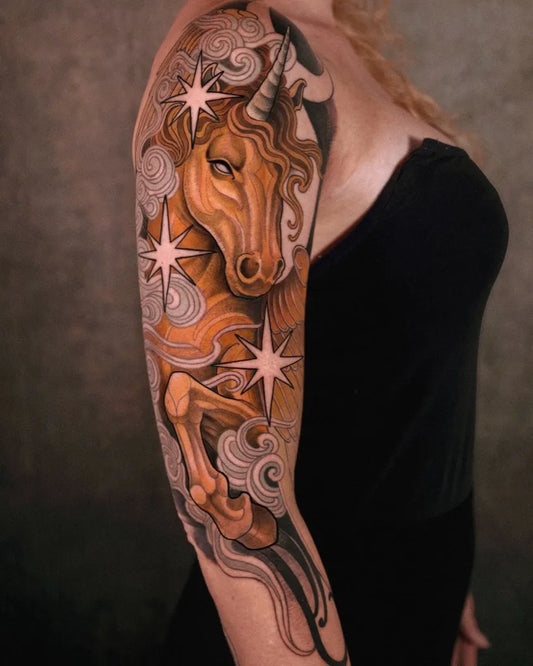 Big Neo Traditional Unicorn with Stars and Clouds on Women Arm Tattoo by @imchrisgreen
