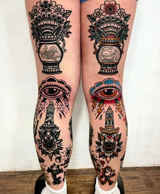Big Neo Traditional Vase and Eye on Women Leg Tattoo by @traditionaltat