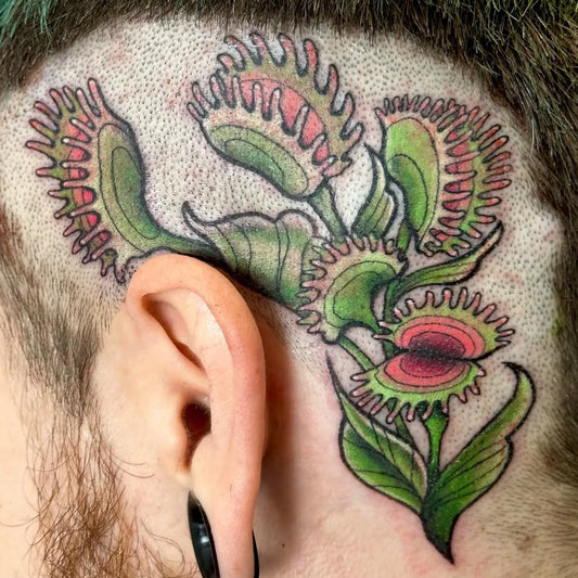 Big Neo Traditional Venus Flytrap Tattoo on Men Head by @_emilytattoos_