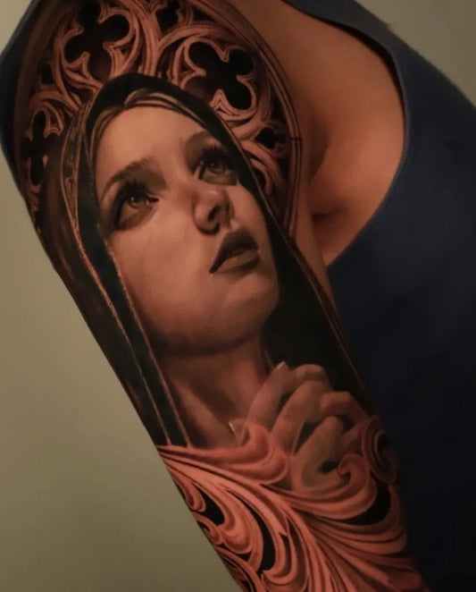 Big Neo Traditional Virgin Mary with Praying Hands on Women Arm Religious Tattoo by @mexicanstyle_tattoos