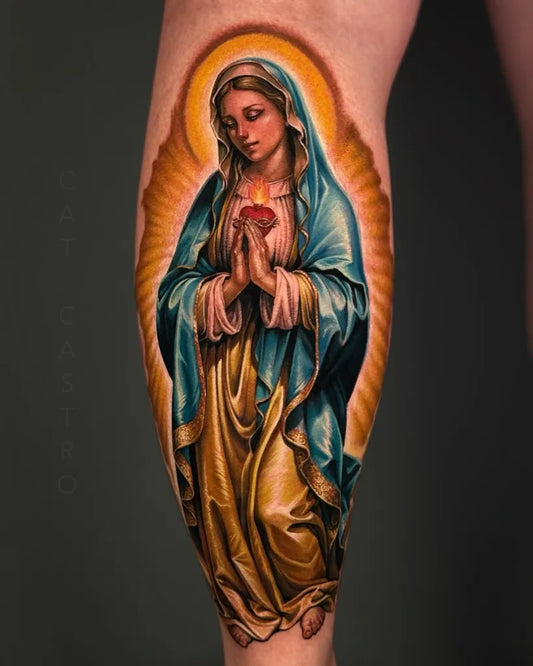 Big Neo Traditional Virgin Mary with Sacred Heart on Men Thigh Religious Tattoo by @catcastrotattoos