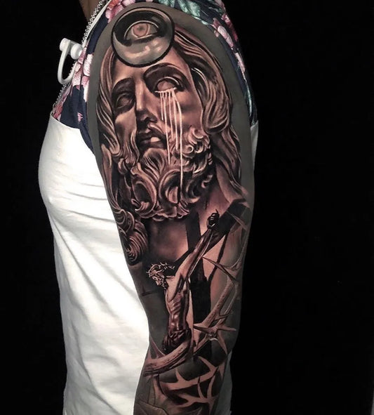 Big Neo Traditional Weeping Jesus on Women Arm Religious Tattoo by @tattoosnob