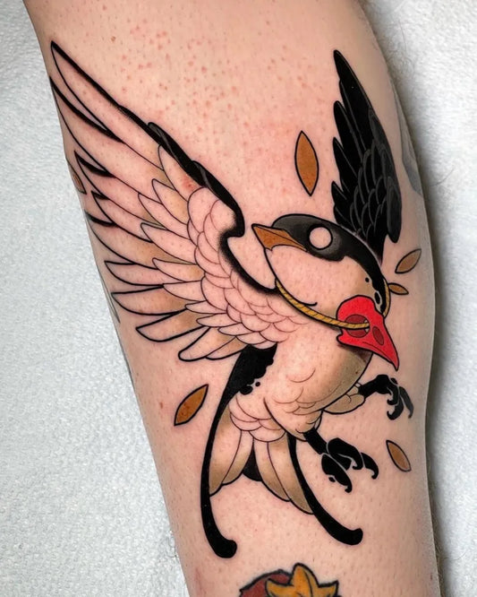 Big Neo Traditional Winged Bird with Collar on Women Leg Tattoo by @doom_tattoo