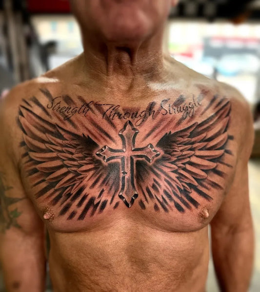 Big Neo Traditional Winged Cross on Men Chest Tattoo by @skinworkx13
