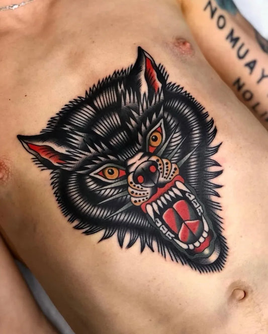 Big Neo Traditional Wolf Head Tattoo on Men Stomach by @badlittl