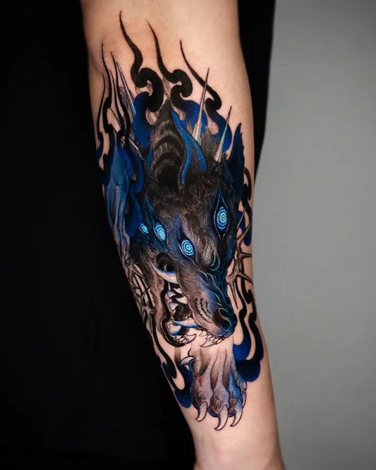 Big Neo Traditional Wolf on Men Arm Tattoo by @pyo_ink