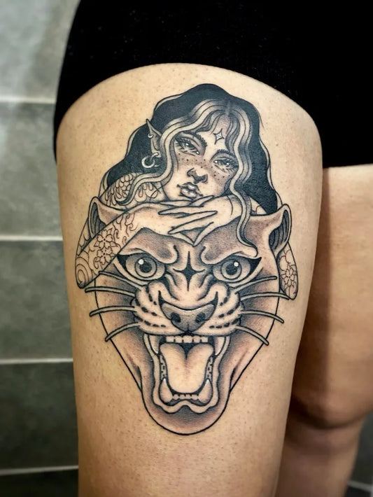 Big Neo Traditional Woman and Panther Tattoo on Women Thigh by @pedradatattoopalace