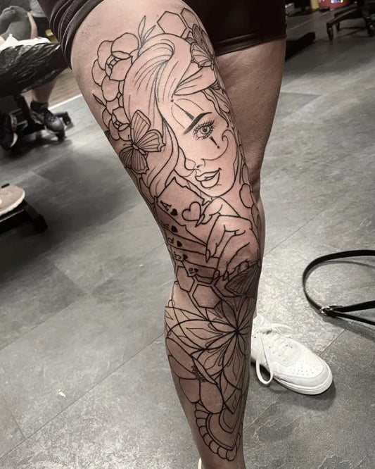 Big Neo Traditional Woman on Leg Tattoo by @blueboxtattoo