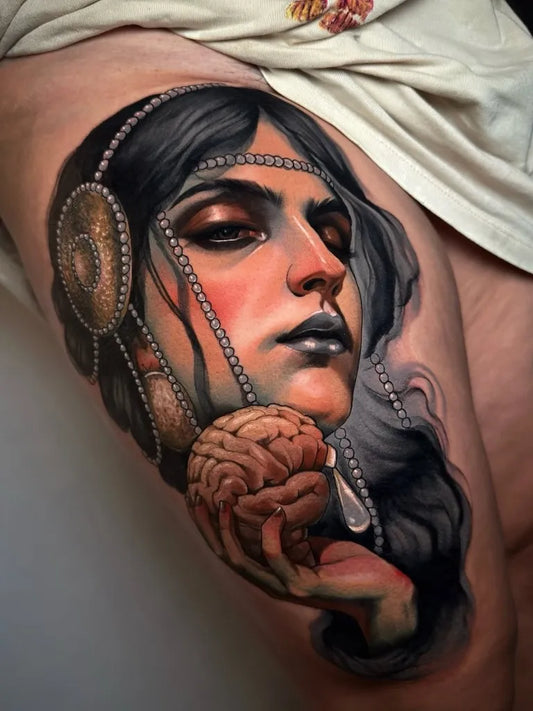 Big Neo Traditional Woman with Brain on Women Thigh Tattoo by @neotradtattz
