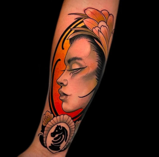 Big Neo Traditional Woman with Flowers and Chess Knight on Women Arm Tattoo by @salvationtattoostudio