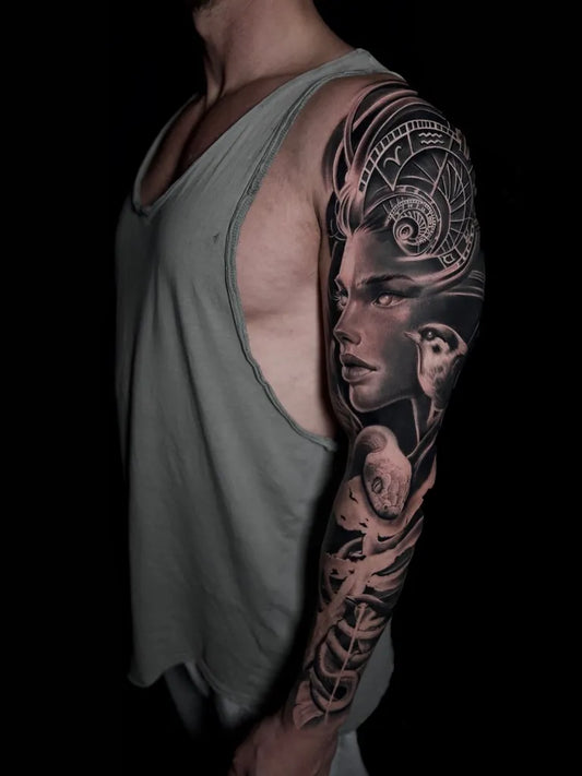 Big Neo Traditional Woman with Gear and Birds on Men Arm Sleeve Tattoo by @nikolov.ink32