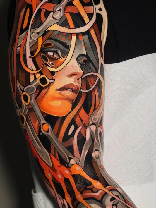 Big Neo Traditional Woman with Mechanical Hair and Chains on Women Arm Tattoo by @jeanpaulmaratt