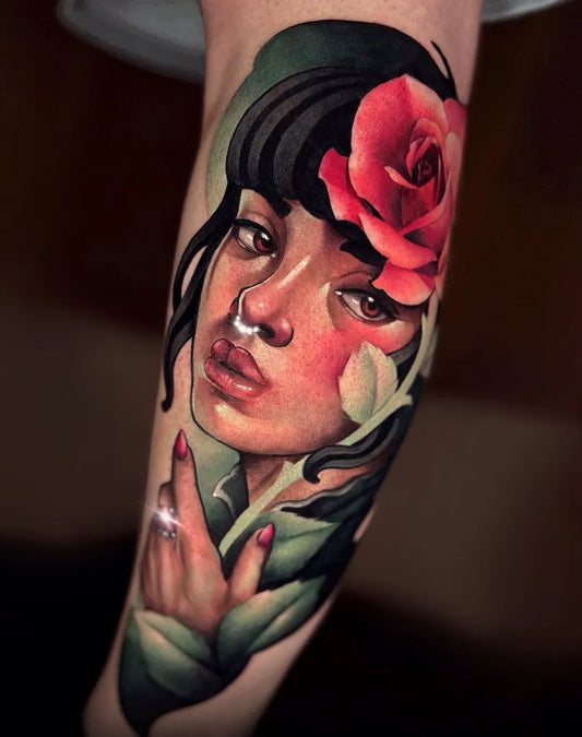 Big Neo Traditional Woman with Rose and Leaves on Women Arm Tattoo by @leivart