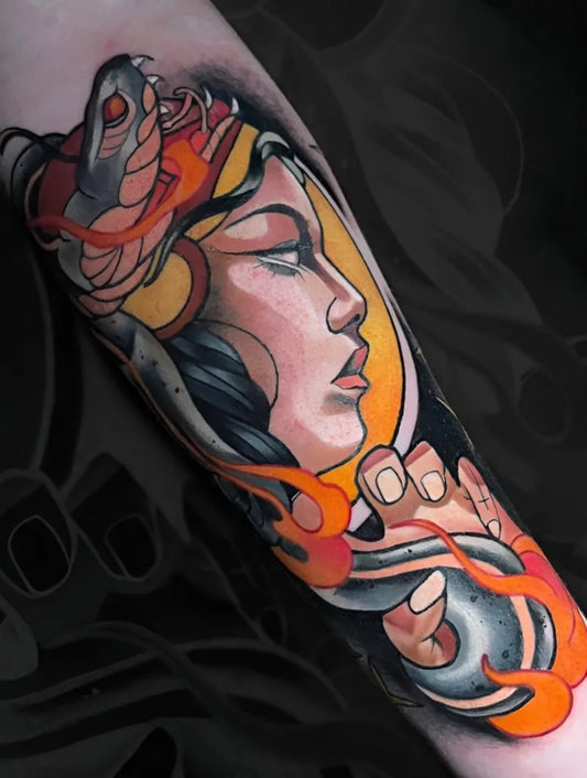 Big Neo Traditional Woman with Snake and Flames on Women Arm Tattoo by @nomads_tattoos