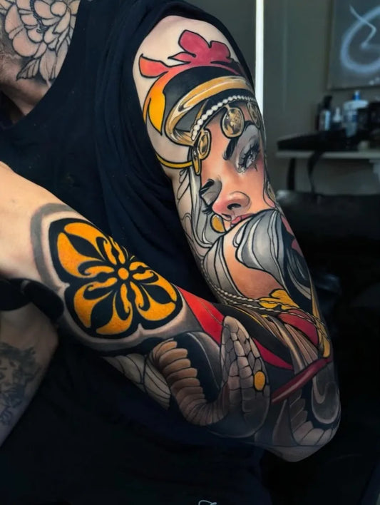 Big Neo Traditional Woman with Snake and Flowers on Women Arm Tattoo by @worldofneotrad
