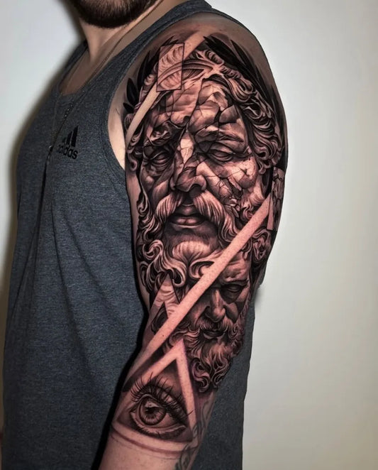 Big Neo Traditional Zeus Eye Triangle on Men Arm Sleeve Tattoo by @inkedbyrosalie