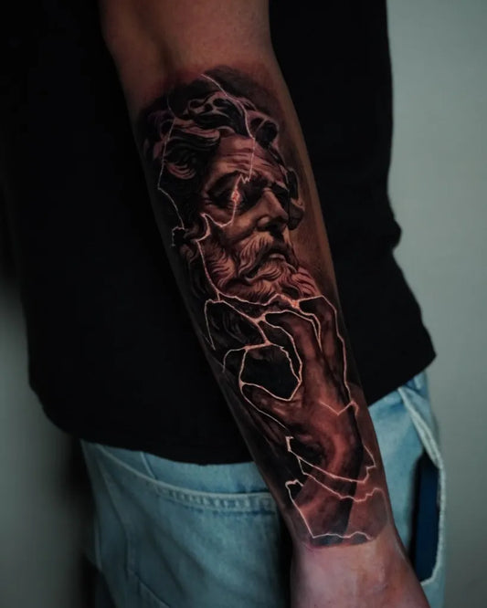Big Neo Traditional Zeus Portrait on Men Forearm Tattoo by @tizianosuzzanitattoo