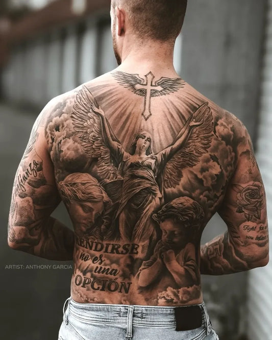Big Neoclassical Angel and Cherubs on Men Back Tattoo by @neon_tattoo_germany