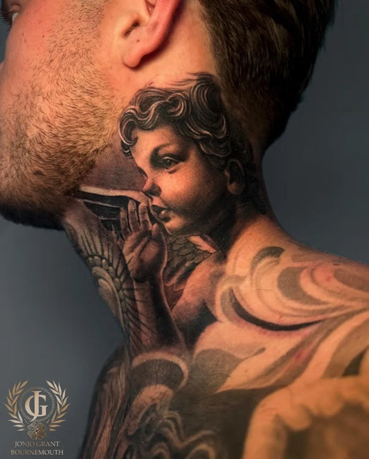 Big Neoclassical Angel on Men Neck Tattoo by @jonjo_grant_tattoos