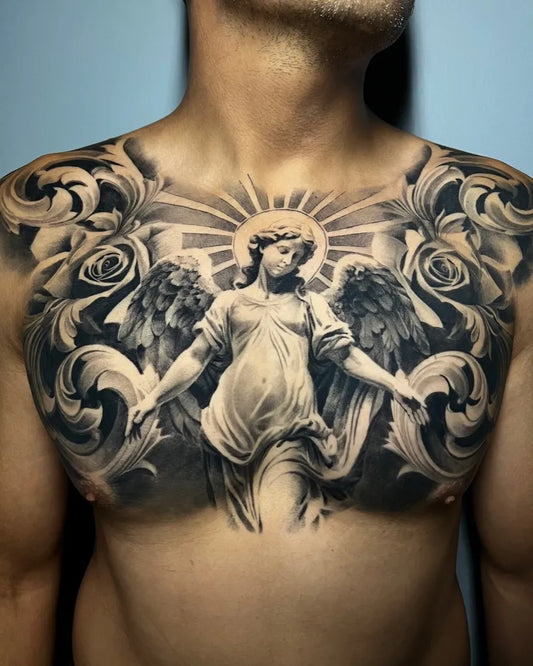 Big Neoclassical Angel with Wings and Roses on Men Chest Tattoo by @reyr1tattoo