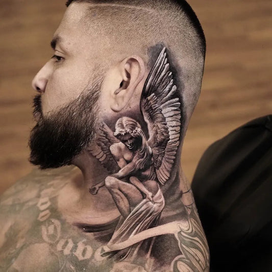 Big Neoclassical Angel with Wings on Men Neck Tattoo by @leadthefollowers
