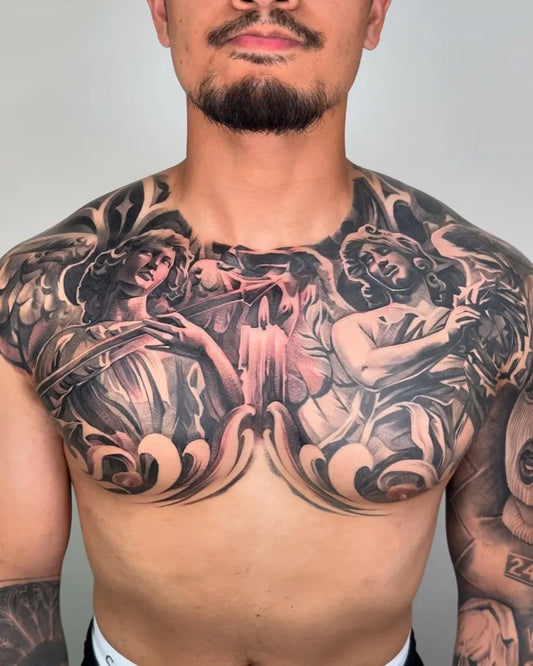 Big Neoclassical Angels on Men Chest Tattoo by @adrian_lazaro