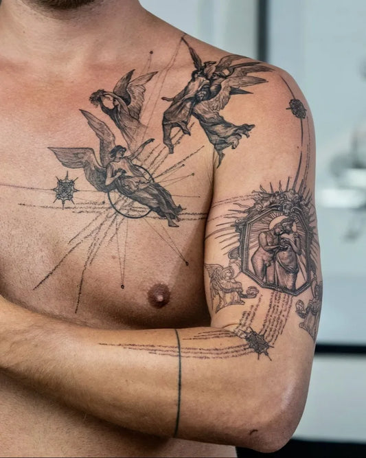 Big Neoclassical Angels on Men Chest Tattoo by @midday_p