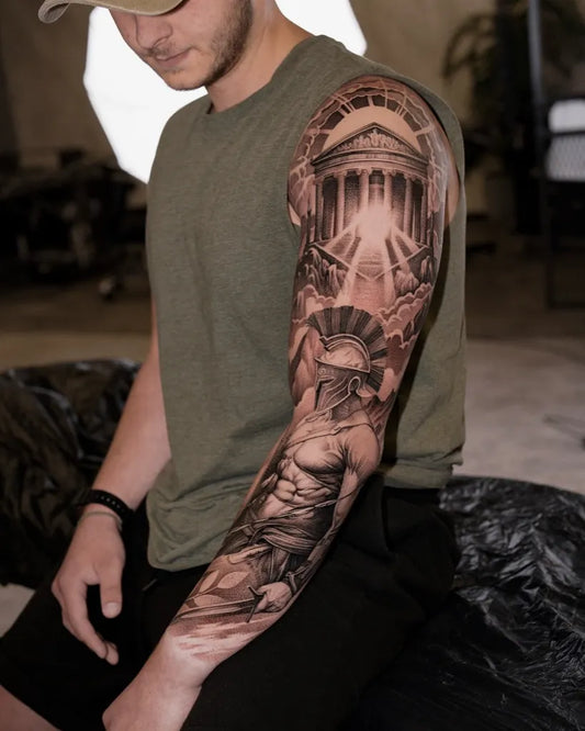 Big Neoclassical Athena Temple Warrior on Men Arm Sleeve Tattoo by @evgenymir_
