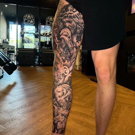 Big Neoclassical Greek Gods on Men Leg Tattoo by @justinbenjamintattoo