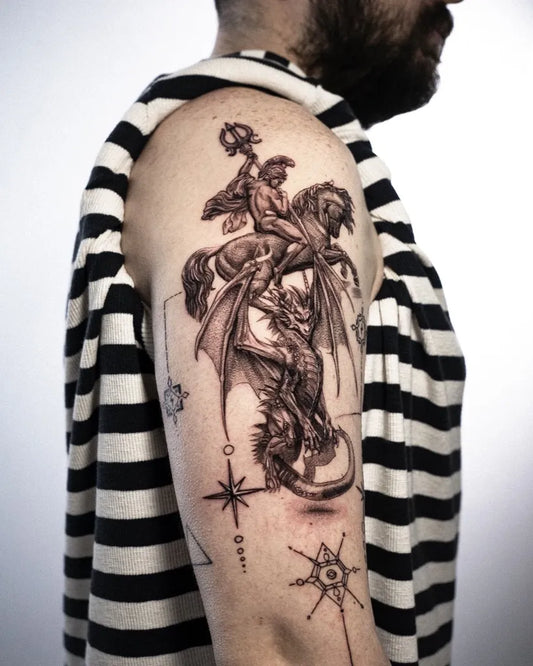 Big Neoclassical Hercules and Hydra on Men Arm Tattoo by @serhatorucx