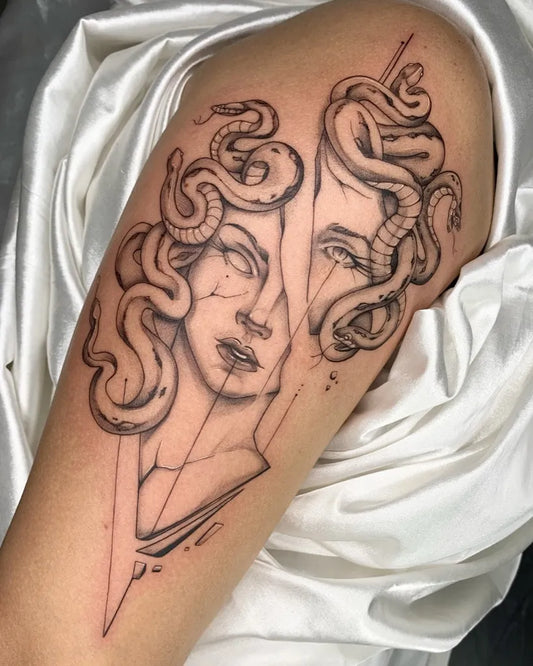 Big Neoclassical Medusa Snakes on Women Arm Tattoo by @ricardo.di.paulla.tattoo