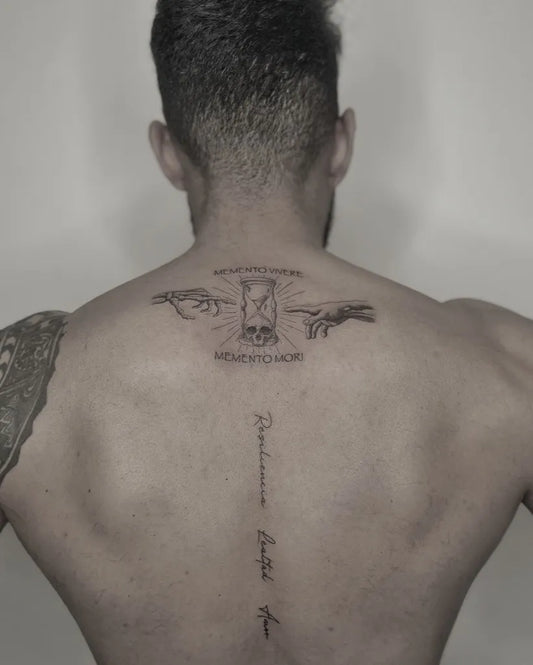 Big Neoclassical Memento Mori Hands Hourglass on Men Back Tattoo by @andrea.finelinetattoo