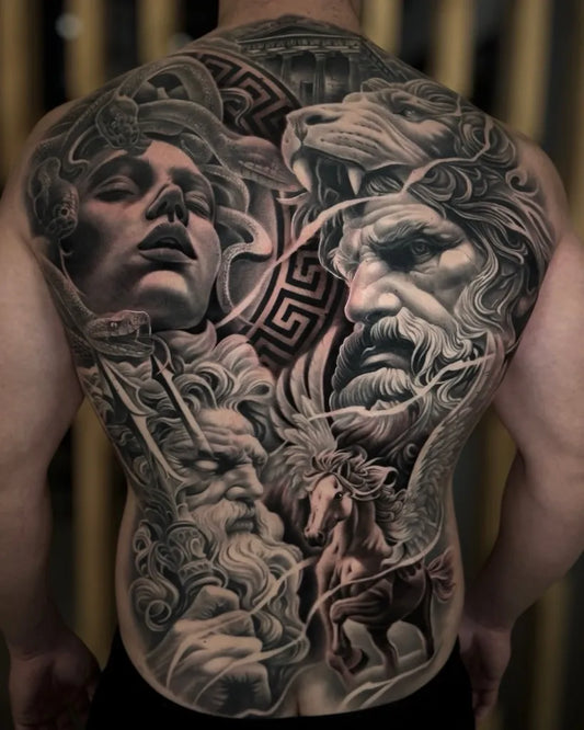 Big Neoclassical Mythological Figures on Men Back Tattoo by @alepekas_tattoo