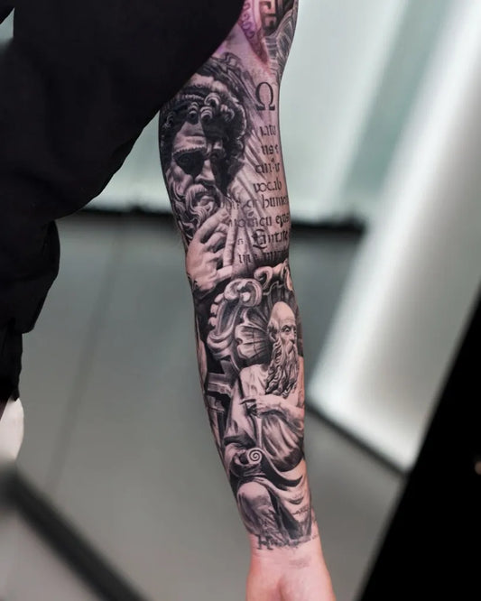 Big Neoclassical Philosophers on Men Arm Sleeve Tattoo by @pascalavendano