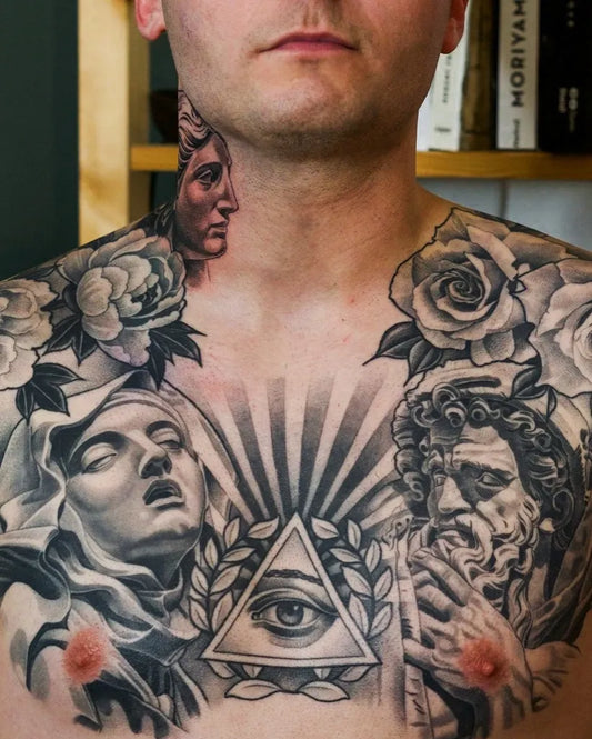 Big Neoclassical Roses Eye Virgin on Men Chest Tattoo by @nicolasvalsantattoo