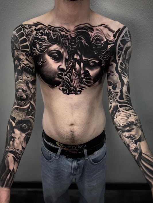 Big Neoclassical Twin Cherub Faces on Men Chest Religious Tattoo by @angel_damiangg