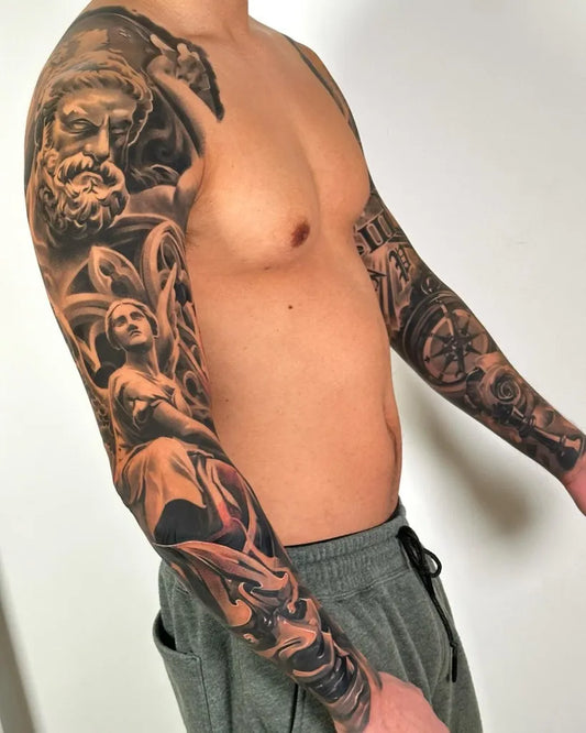 Big Neoclassical Zeus Angel Compass on Men Arm Sleeve Tattoo by @adrian_lazaro