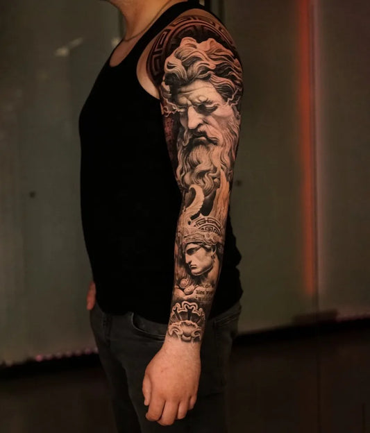 Big Neoclassical Zeus and Athena on Men Arm Tattoo by @pascalavendano