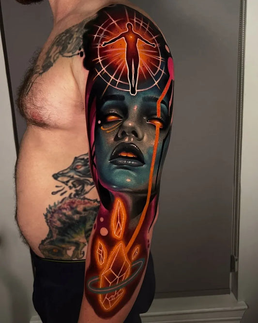 Big Neon Abstract Woman on Men Arm Tattoo by @tattoosfolder