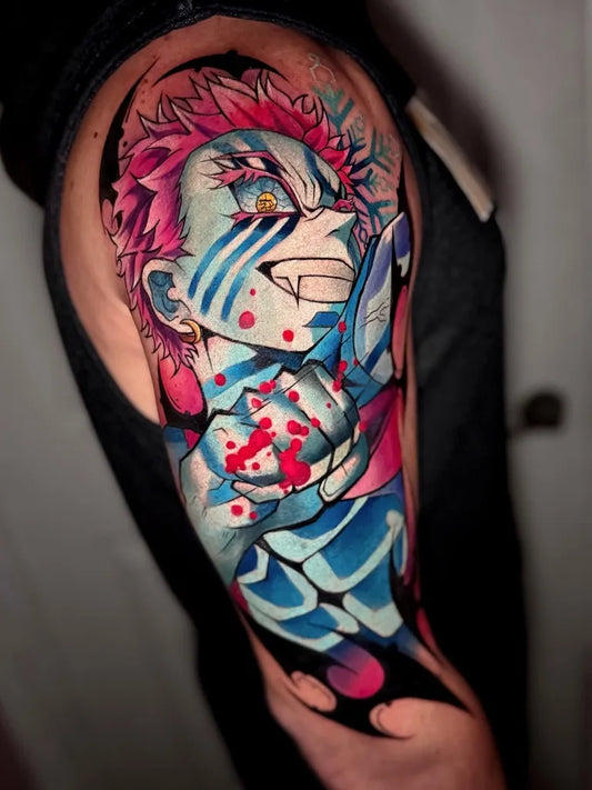 Big Neon Anime Chibi Sukuna on Men Arm Tattoo by @solrugama