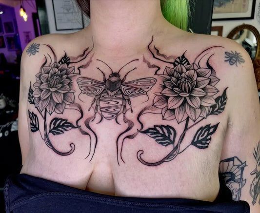 Big Neotraditional Bee and Dahlias on Women Chest Tattoo by @geeroetattoo