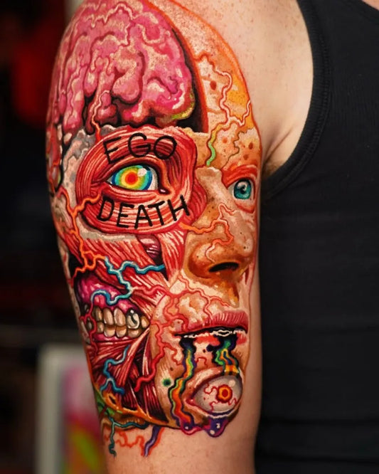 Big Neotraditional Brain Face Ego Death on Men Arm Tattoo by @tattooassist