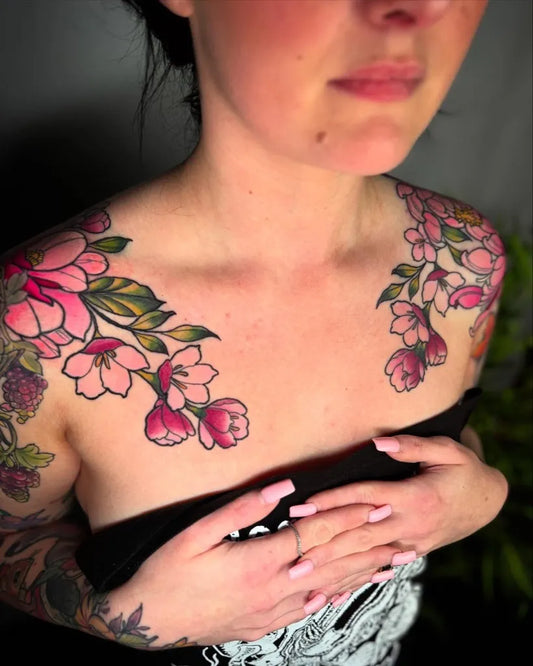 Big Neotraditional CherryBlossoms Tattoo on Women Shoulder by @gazzintegritytattoo